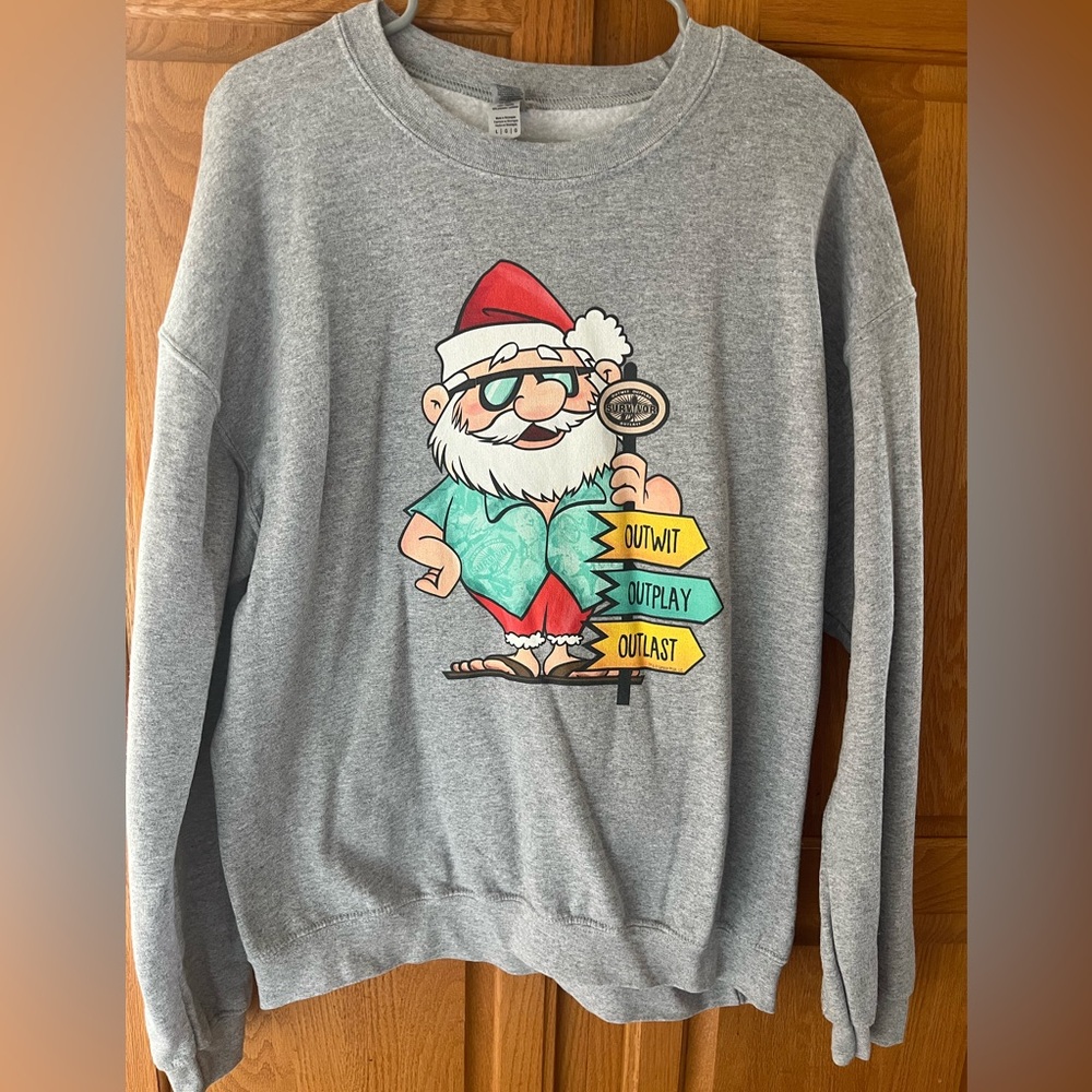 CBS Survivor Santa “Outwit, Outplay, Outlast” Sweater- grey, size L